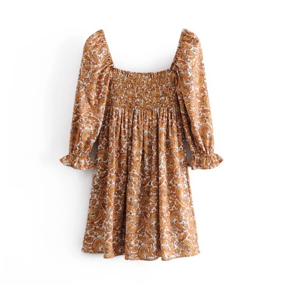 Retro Paisley Square Neck Smocked Boho Mini Dress - Picture 11 of 14